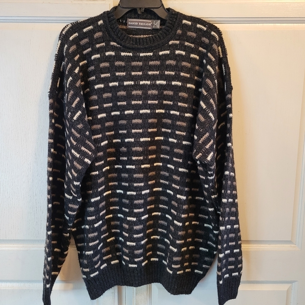 Vintage David Taylor Black Cream Brown Chunky Knit Block Sweater